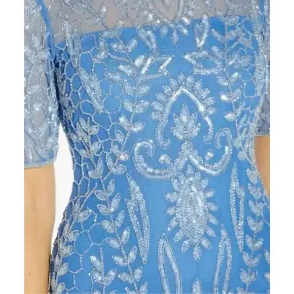 Adrianna Papell blue embellished beaded overlay mermaid occasion dress 12